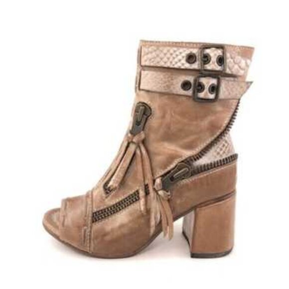 Freebird Shoes - Freebird Zombi Peep Toe Heeled Booties Beige Snakeskin Leather Size 10
